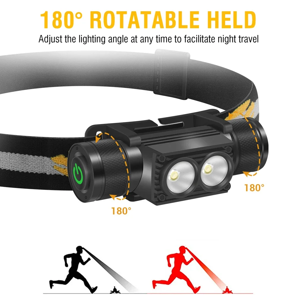 BORUiT D25 faro LED doble 2000LM potente faro tipo C recargable 18650 linterna de cabeza impermeable Camping pesca linterna