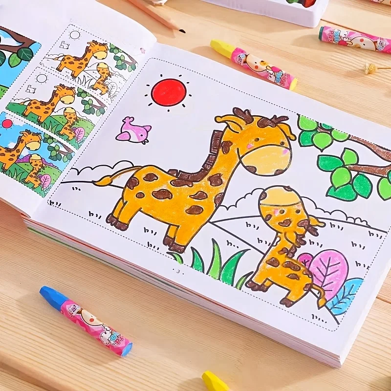 Libro para colorear y garabatos creativos de 48 páginas, cuaderno de bocetos interactivo de aprendizaje temprano con animales de dibujos animados coloridos, cuaderno de bocetos bonito