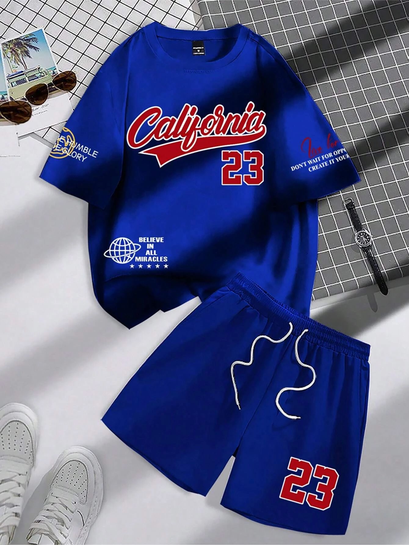 2025 verão nova tendência terno masculino em torno do pescoço manga curta conjunto moda personalizado impressão alfanumérica em torno do pescoço camiseta e shor