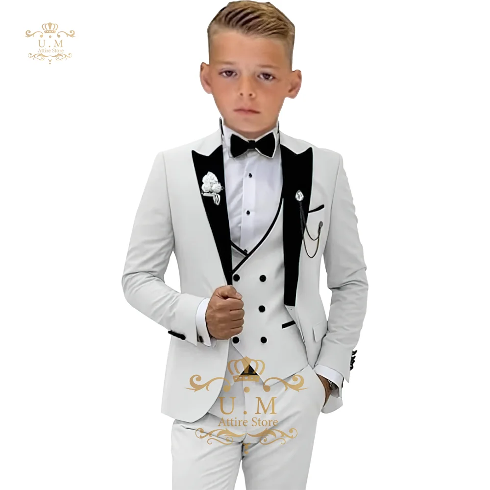 Chłopięcy 3-częściowy garnitur (marynarka+kamizelka+spodnie) biały jednorzędowy klasyczny zestaw dla uczeń chłopiec wesele pageboy balowy smoking