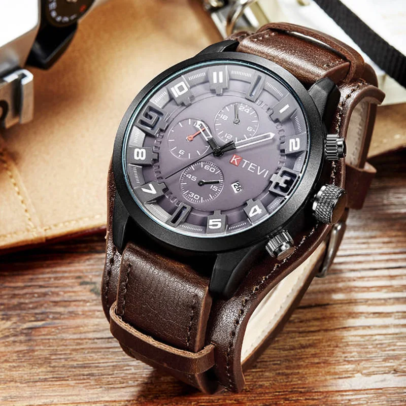 YIKAZE Retro นาฬิกาผู้ชายคลาสสิกหรูหราธุรกิจควอตซ์นาฬิกาแฟชั่น Big Dial สายหนังวันที่นาฬิกาข้อมือทหารสําหรับชาย