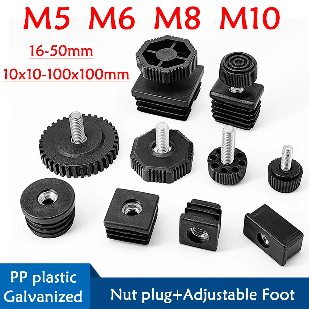 Square/Round Adjustable Foot Pad PP Nut Tube Plug Furniture Tube Cover 10X10-100X100mm M5 M6 M8 M10 Shock-Absorbing Protection
