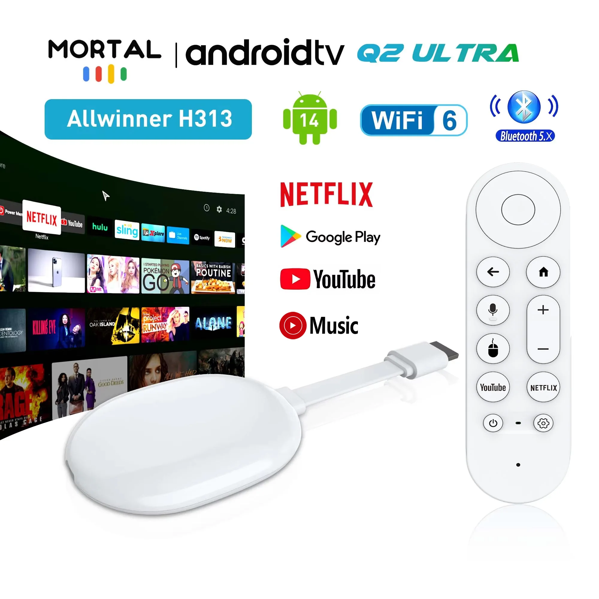 Nowy Mortal Android 14.0 BT5.X 4k Smart TV Stick Q2 Ultra Allwinner H313 2 GB RAM 16 GB ROM Q2 Ultra TV Stick Dual Wifi 6 TV Dongle