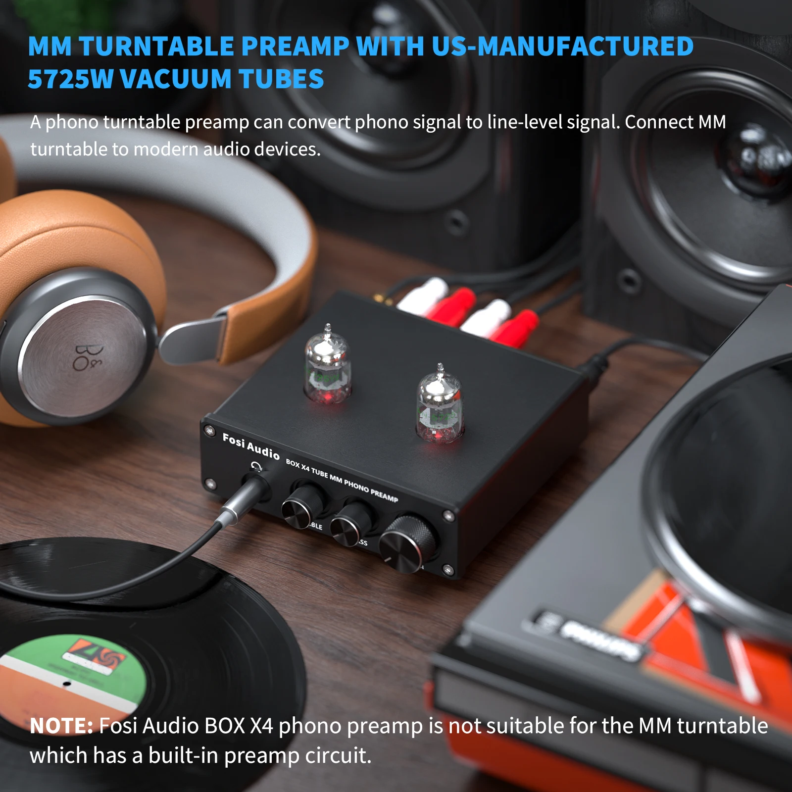 Fosi Audio Phono Preamp for Turntable Phonograph Preamplifier With 5725W Vacuum Tube Amplifier HiFi BOX X4
