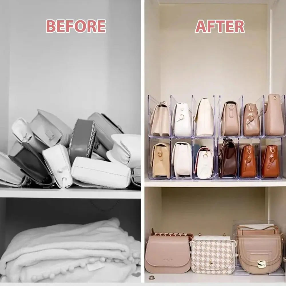 4Grids Women Handbag Storage Divided Shelf Transparent Plastic Display Rack for Home Wardrobe Closet Bags
