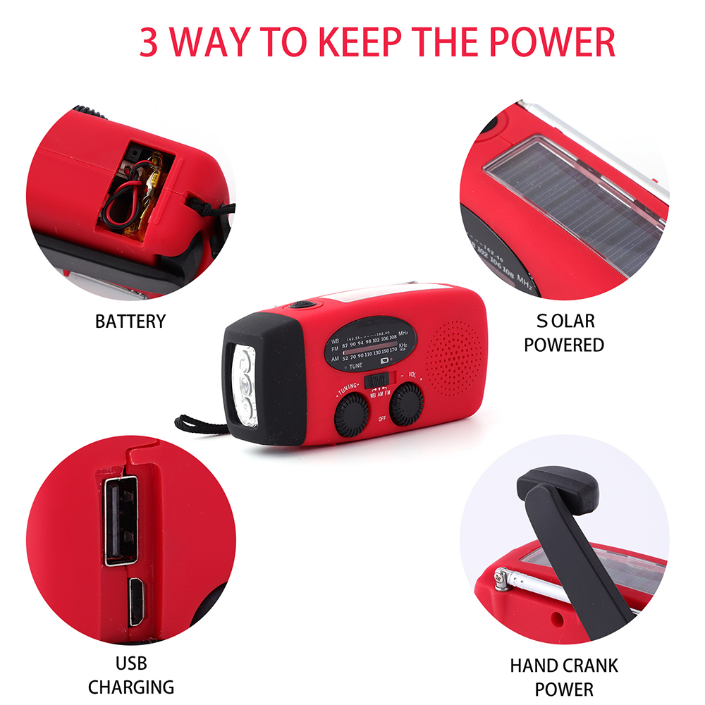 Rádio de emergência de 2000 mAh com luzes LED Rádio USB Luz de carregamento solar Viagem ao ar livre Portátil recarregável Rádio FM/AM