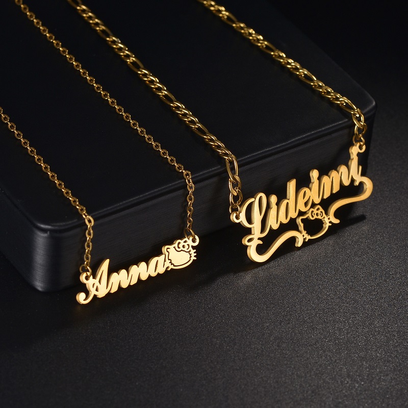 Collar con nombre personalizado para mujer y niña, placa con diamantes de imitación con forma de gato, joyería bonita, regalo de cumpleaños, 365
