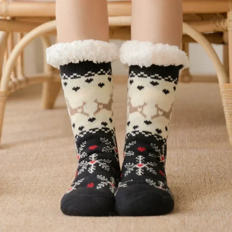 Giáng Sinh Trơn Tất Giữ Ấm Mùa Đông Sang Trọng Không Trơn Trượt Ngủ Nữ Sàn Ngắn Sock Mờ Lông Tơ Mềm Mại Nữ Hoạt Hình sock