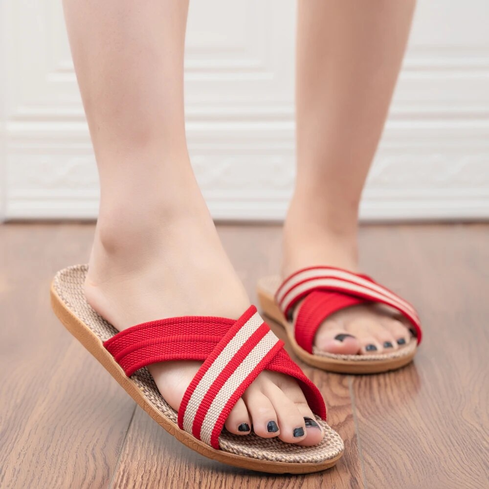 Chinelos femininos plus size, sandálias planas de linho, leves, casuais, verão, para casa, frete grátis