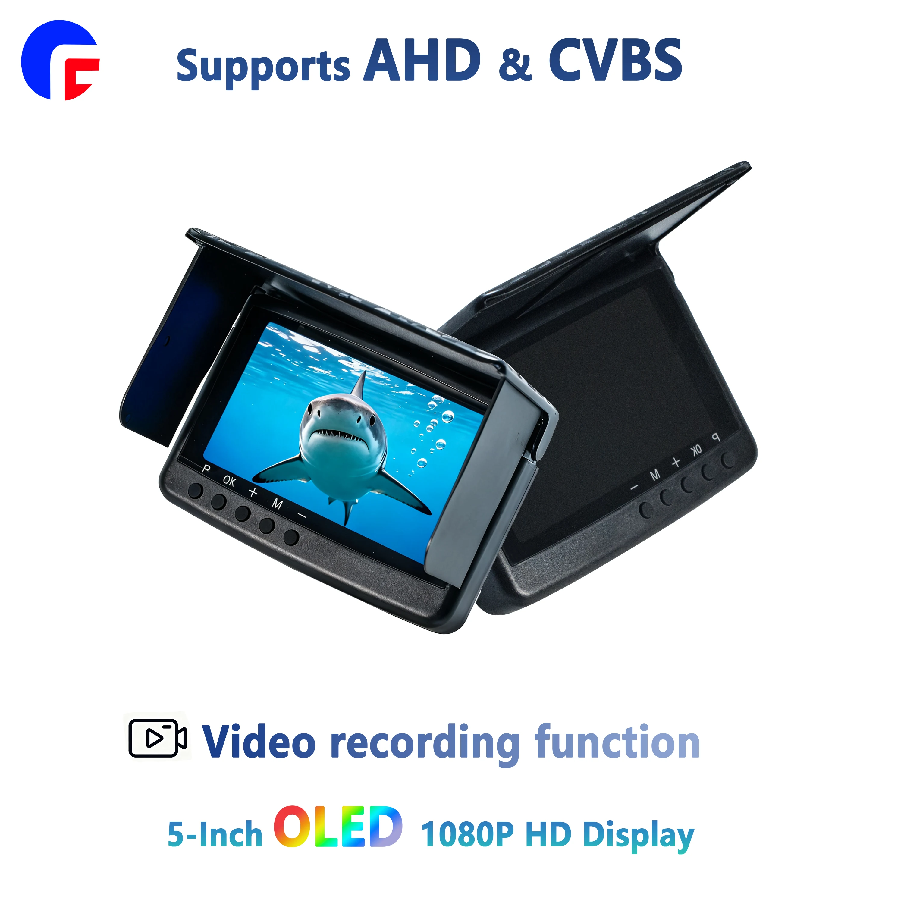 จอแสดงผลกล้องตกปลาใต้น้ำ OLED |   จอแสดงผล HD 1080P ขนาด 5 นิ้ว, สัญญาณคู่ AHD/CVBS, การบันทึกวิดีโอ, ช่องเสียบหูฟังขนาด 3.5 มม.