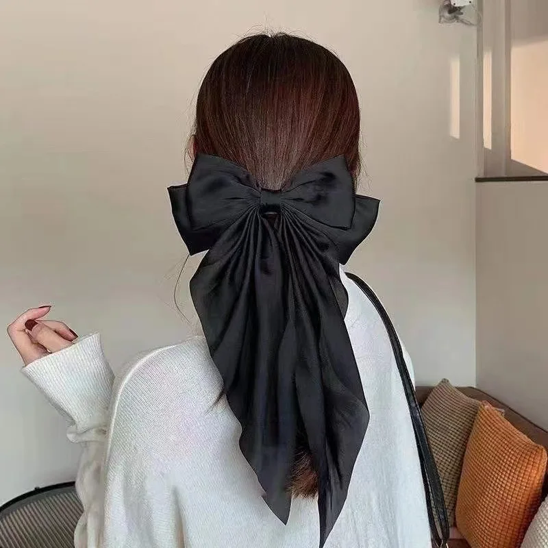 2023 新しい女性大弓ヘアピン夏シフォン大きなちょう結びステイン弓バレッタ女性無地ポニーテールクリップヘアアクセサリー
