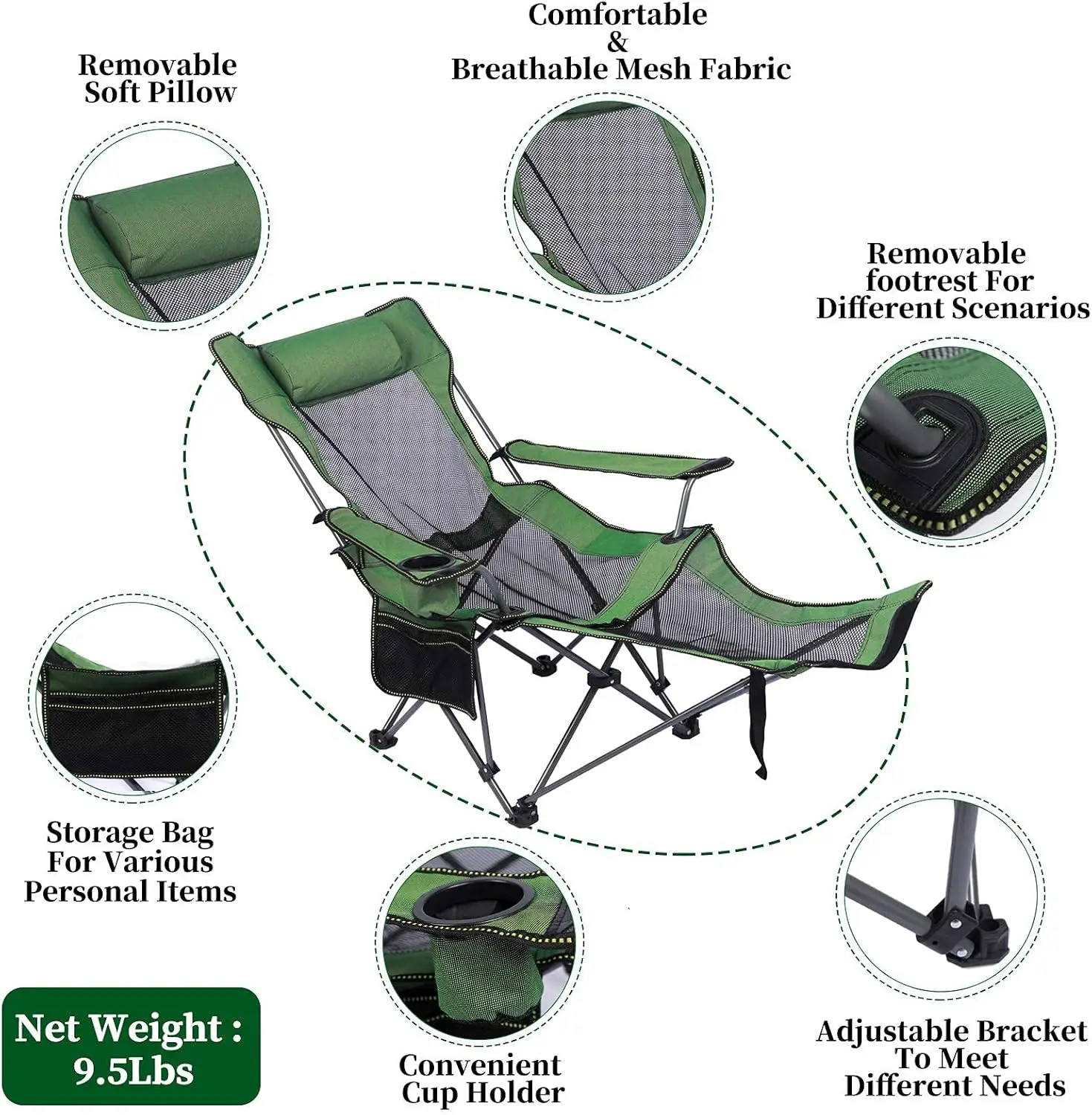 Camping Lounge Chair, Portable Reclining Camping Chair, Folding Camping Chair with Footrest,Headrest & Storage Bag