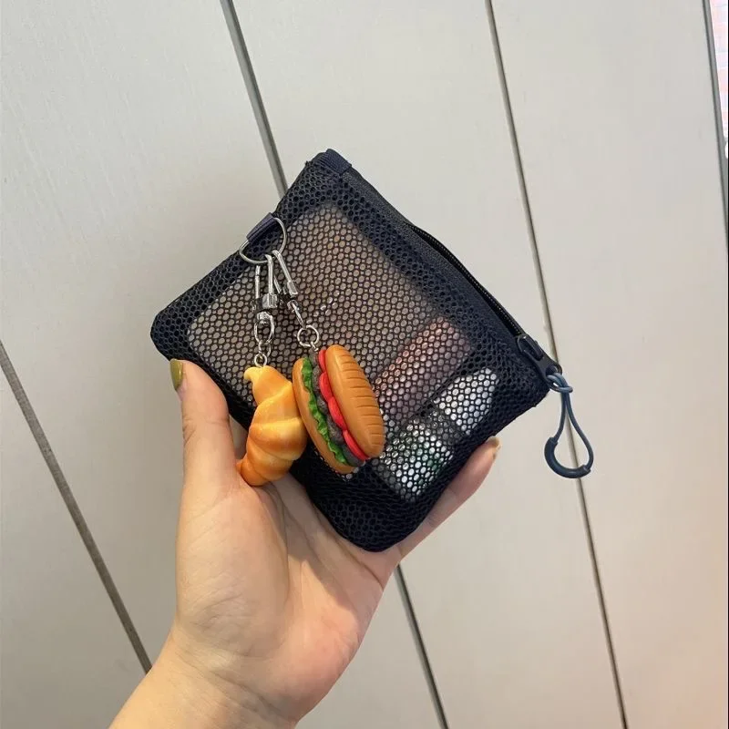 Cartera corta portátil, nueva malla, monedero con cremallera de doble capa, tarjetero cuadrado de nailon, bolsa organizadora de maquillaje