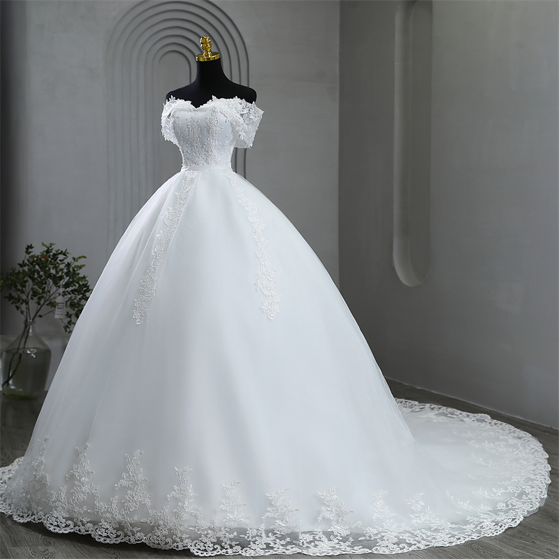 Plus Size weiße Brautkleider von der Schulter Brautkleider elegante lange Applikationen Perlen Brautkleid Boden oder lange Zug