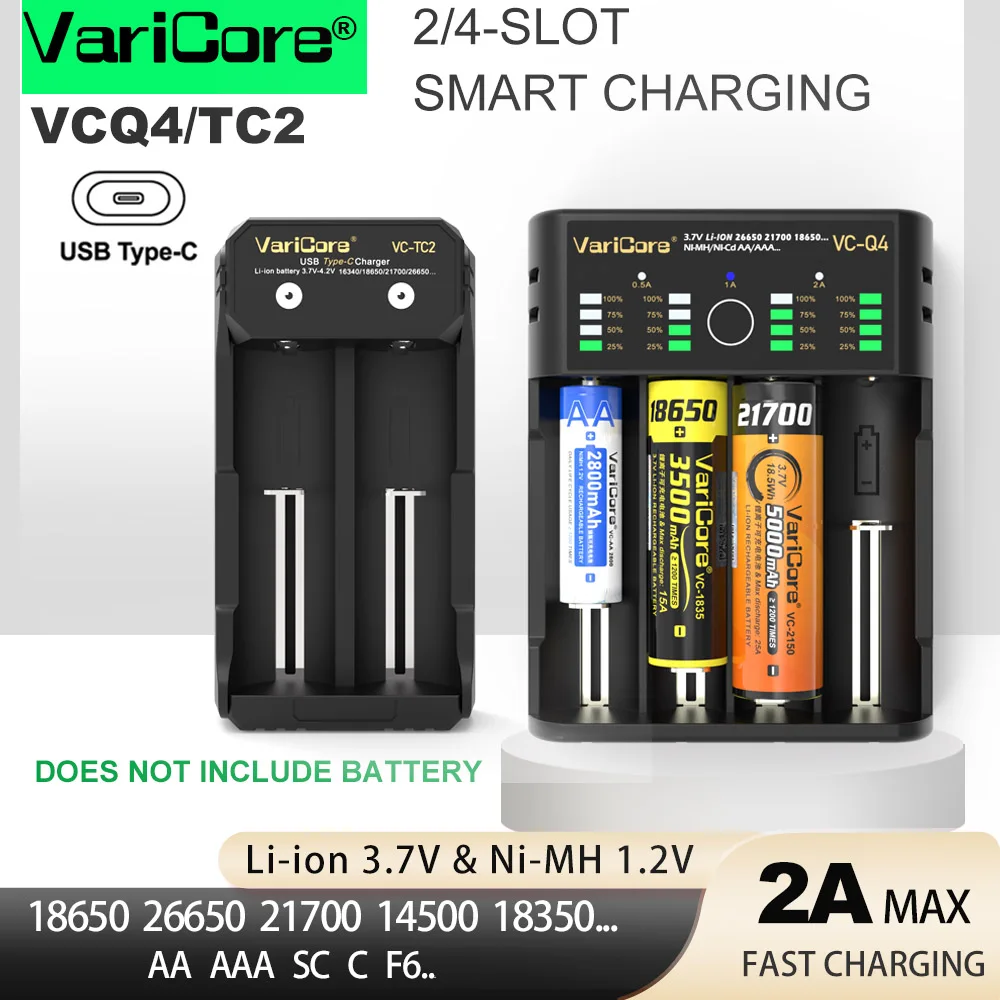 VariCore VCQ4 cargador de batería inteligente portátil de 4 ranuras para 3,7 V litio 18650 26650 21700 18500 18350 1,2 V NI-MH ni-cd AA AAA