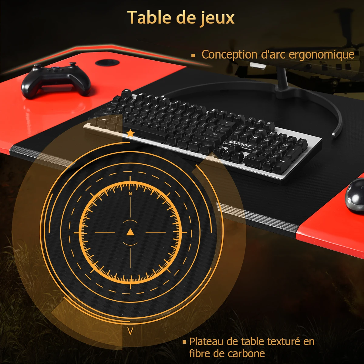 Bureau Gaming Surface en Fibre de Carbone 120 X 60 X 76CM avec Porte-gobelet, Crochet pour Ecouteurs et Supports Audio Noir et Rouge