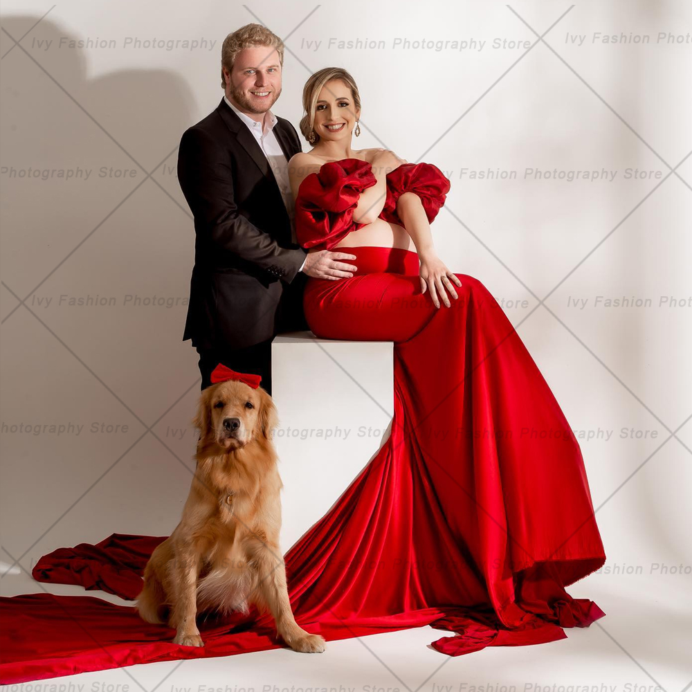 여성을위한 출산 Photoshoot 복장 섹시한 빨간 새틴 레이스 업 스커트 버블 슬리브 액세서리 사진 스튜디오 소품