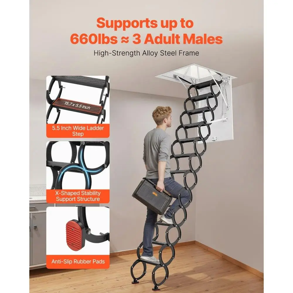 Steel Ceiling Attic Ladder for 10 to 11 Feet High Ceilings Foldable Space Saving Easy Access Sturdy Construction