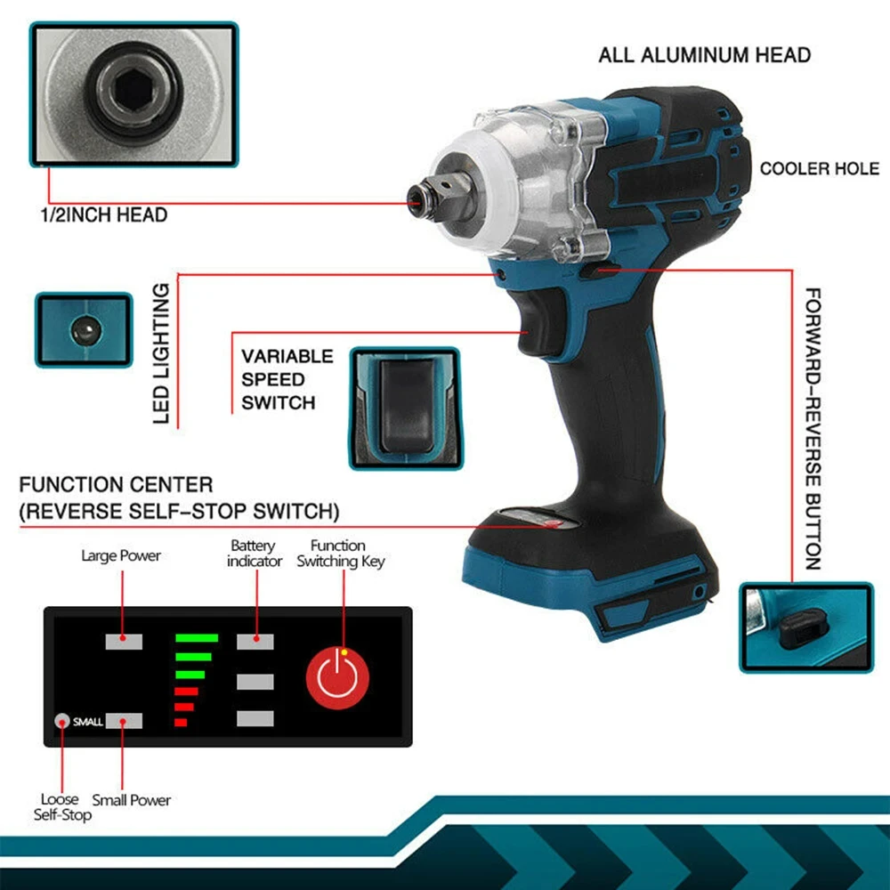 Avvitatore elettrico a batteria senza spazzole 520NM Utensili elettrici da 1/2 pollice Compatibile con Makita 18V Chiave a batteria con set di cassette degli attrezzi
