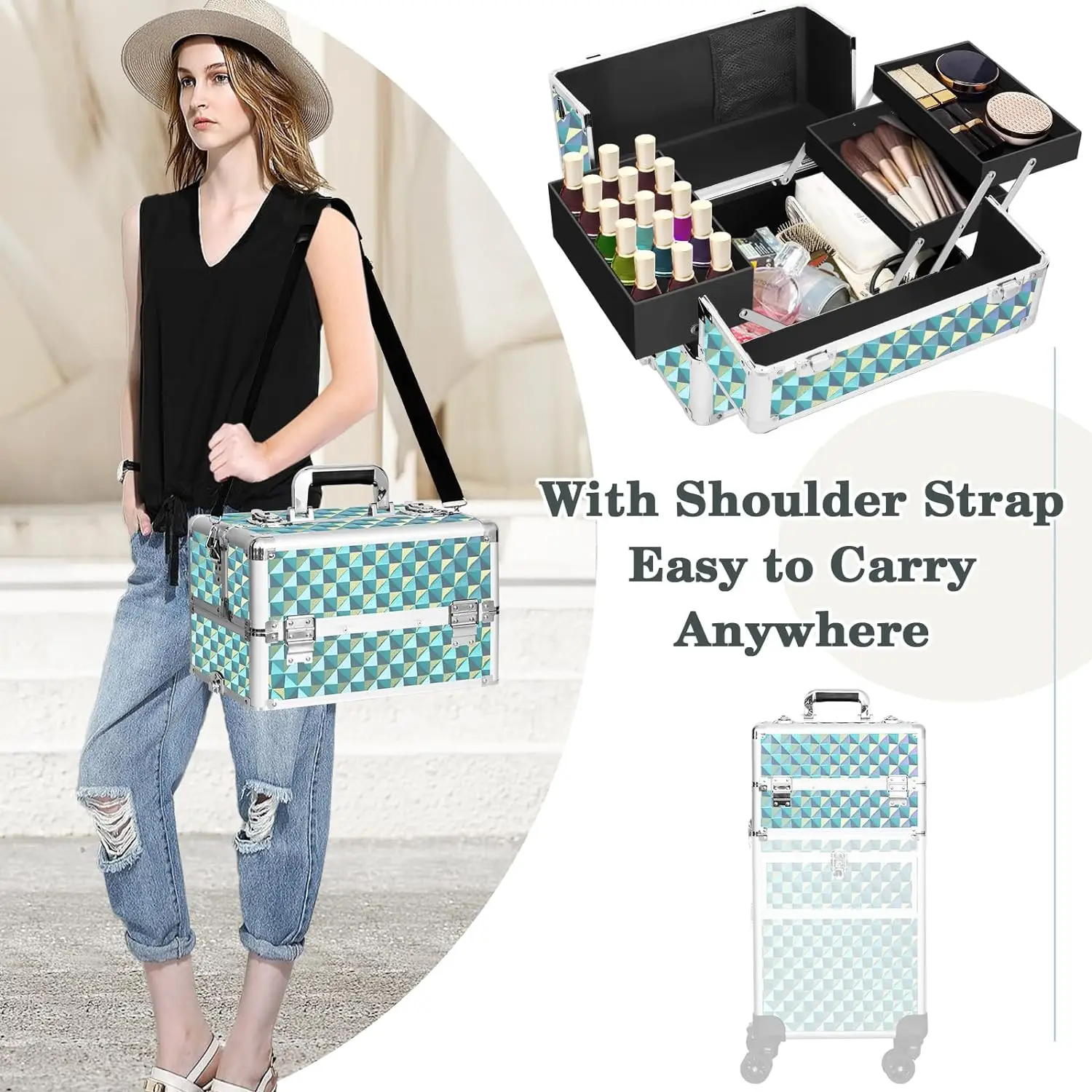 5-in-1-Make-up-Rollzug-Koffer, Kosmetik-Organizer, weiche, seitliche rollende Make-up-Reise-Koffer, kosmetische Aufbewahrung