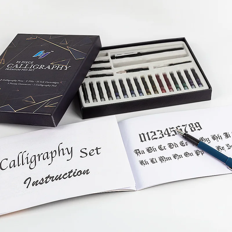 25 Piece Calligraphy Pen Writing Set 2 Fountain Pens 5 Nibs 16 Ink Cartridges for Art Gothic Flower Font English Sketch Drawing