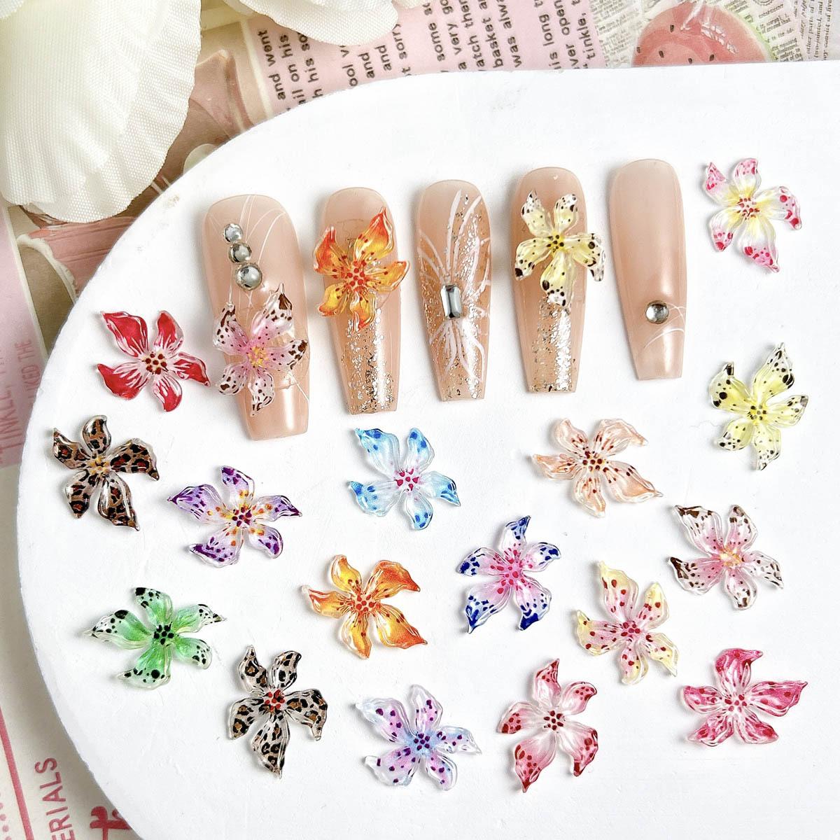 Mixed 3D Resin Gradient Colorful Transparent Lily Nail Art Decoration Bizarre Style Spotted Flower Nail Charms For Manicure DIY