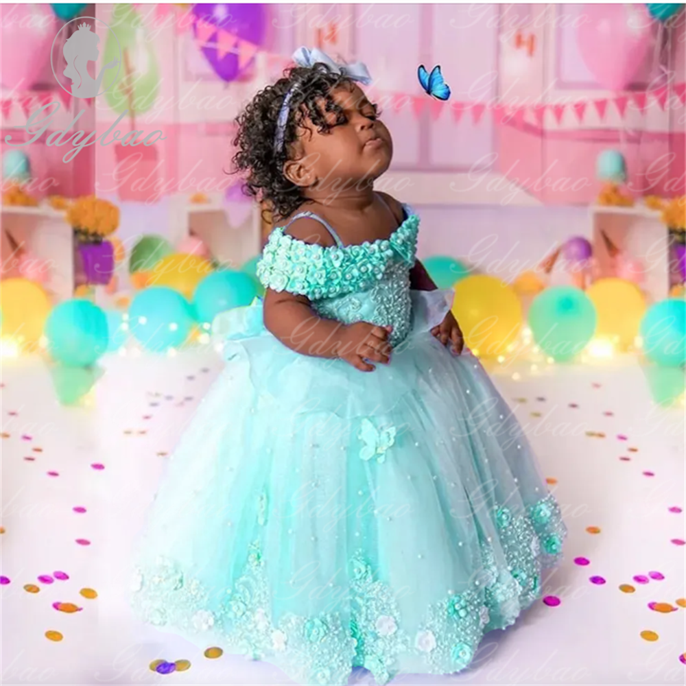 ไหล่เด็กไข่มุกชุดสาวดอกไม้สีชมพูปิดลูกไม้ผีเสื้อชุดเจ้าหญิงดอกไม้ทารก First Birthday Party Communion