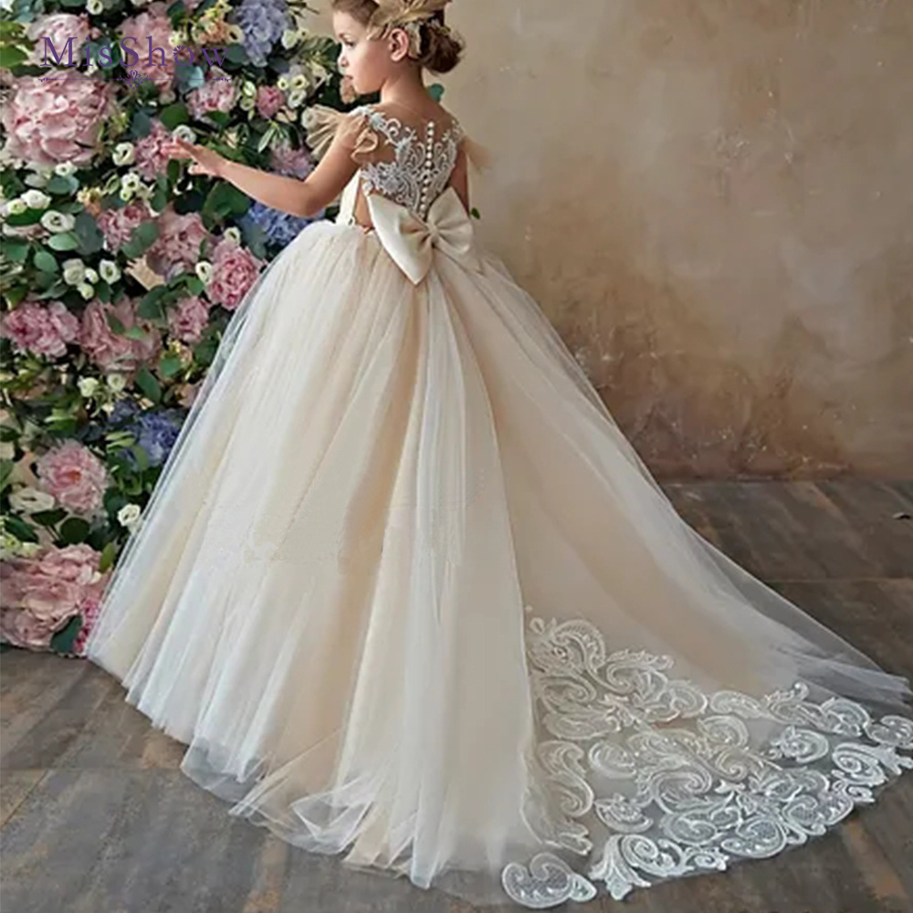 Misshow-ノースリーブのフラワーガールドレス,弓,チュール,プリンセスドレス,子供の最初の聖体拝領,結婚式,誕生日