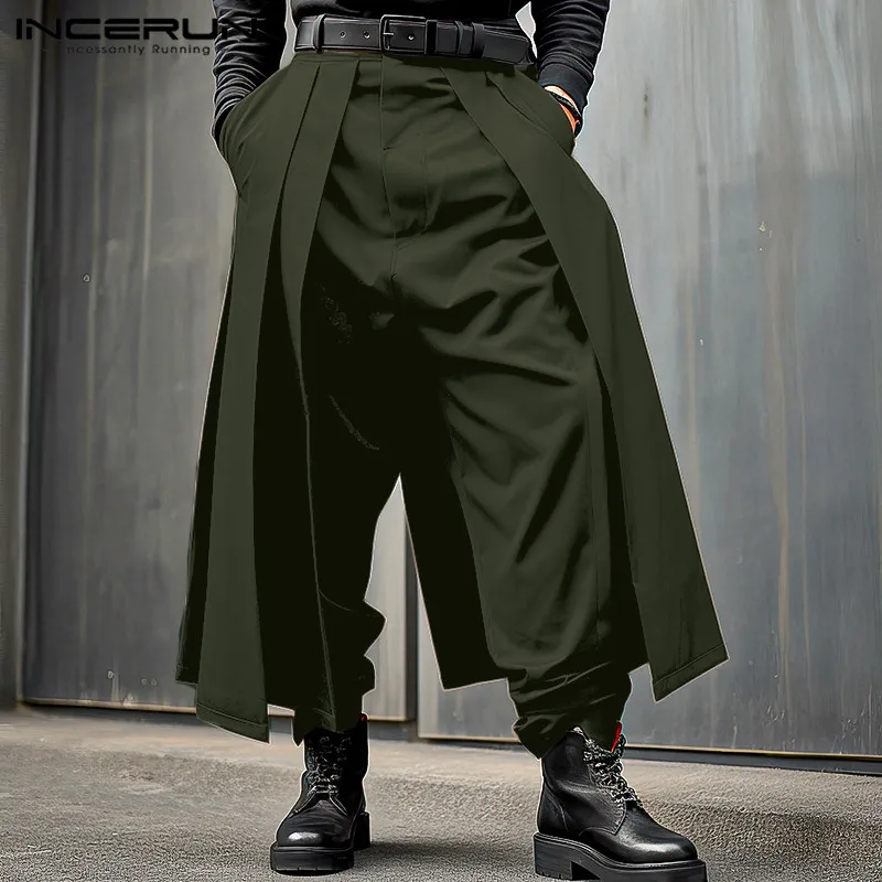 INCERUN เสื้อกันหนาวผู้ชายไม่สม่ําเสมอกางเกงสีทึบ Joggers หลวมปุ่มสบายๆกางเกงขากว้างผู้ชาย 2024 กางเกงแฟชั่น
