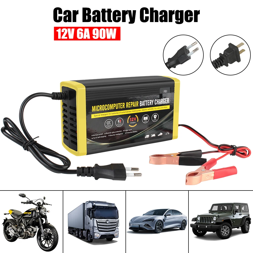 Cargador inteligente de carga rápida para coche, motocicleta y camión, 12V, 6A, reparación de pulso de potencia, cargador de batería para coche, cargador de Gel de ácido de plomo seco y húmedo