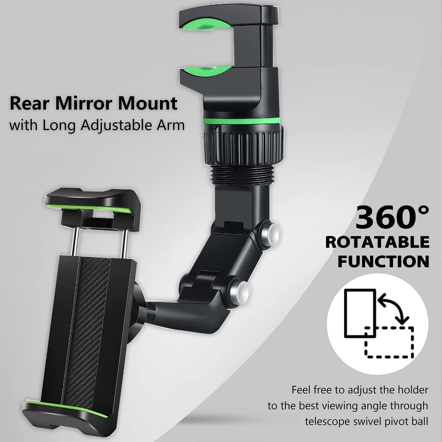 Supporto per telefono specchietto retrovisore per auto, 360 ° Supporto per telefono girevole, supporto per GPS Supporto universale per telefono per auto per tutti gli smartphone