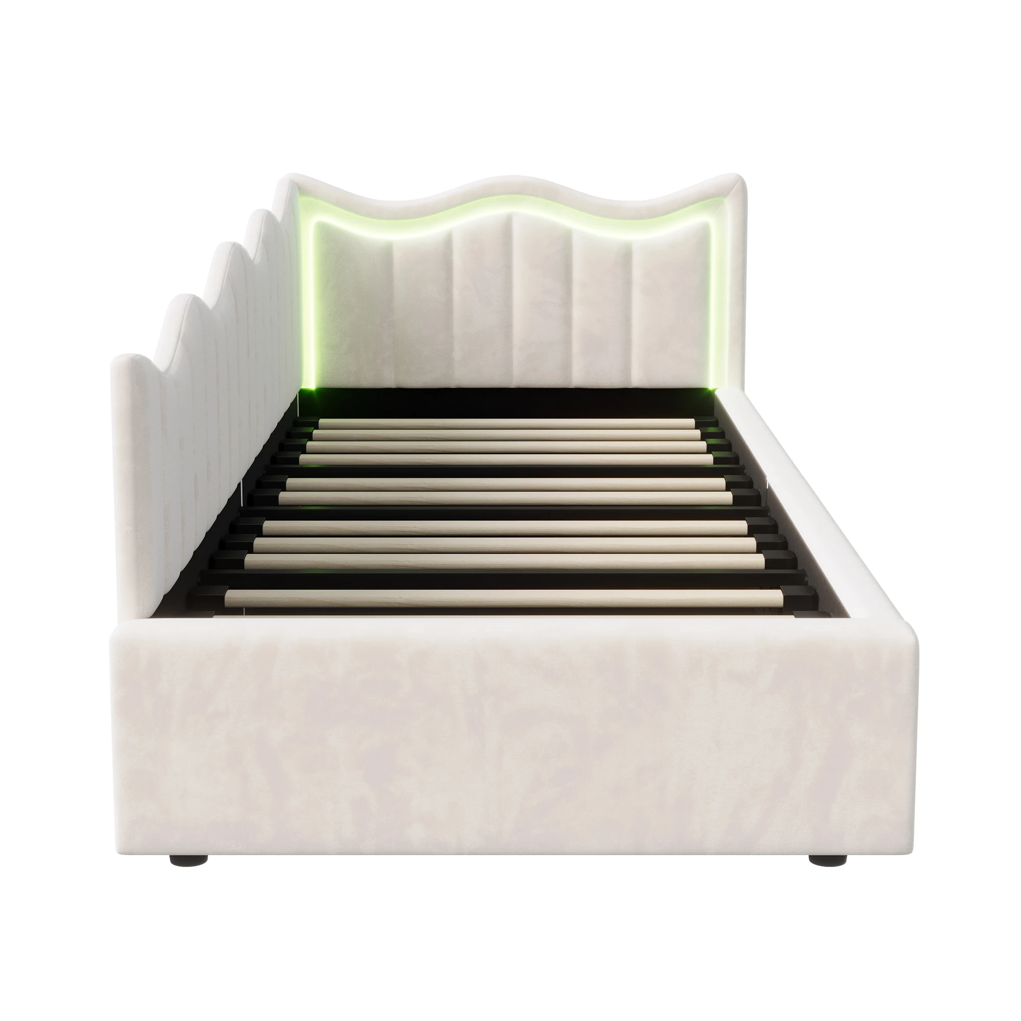 Comanlai Sofa z funkcją spania 90x200cm i łóżko dziecięce z oświetleniem LED, hydrauliczna rama łóżka z pojemnikiem, tkanina welurowa, kolor złamany biały