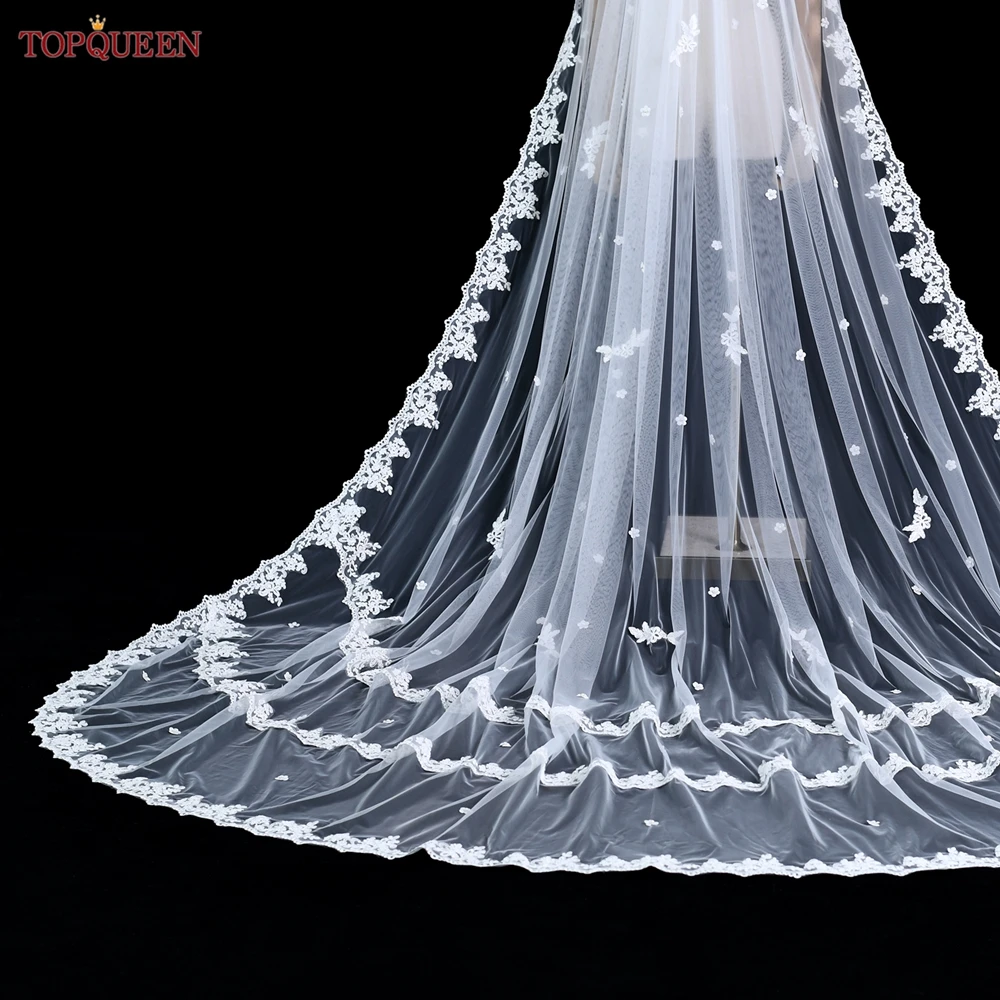 TOPQUEEN V260 kerudung pengantin panjang Katedral tepi renda kerudung pernikahan Spanyol Mantilla dan sisir Aksesori pengantin baru 2025 pernikahan