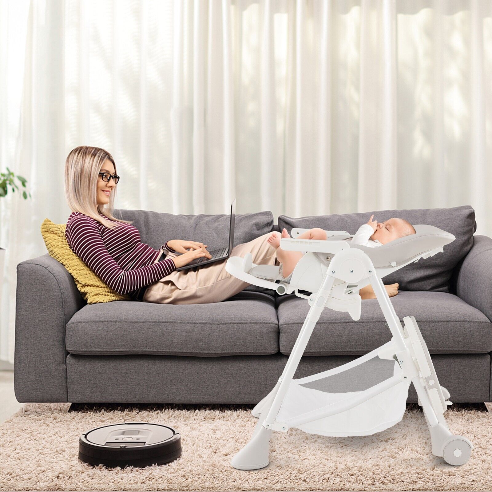 GOFLAME Folding Baby High Chair Adjustable Convertible High Chair W/ Detachable Cushion