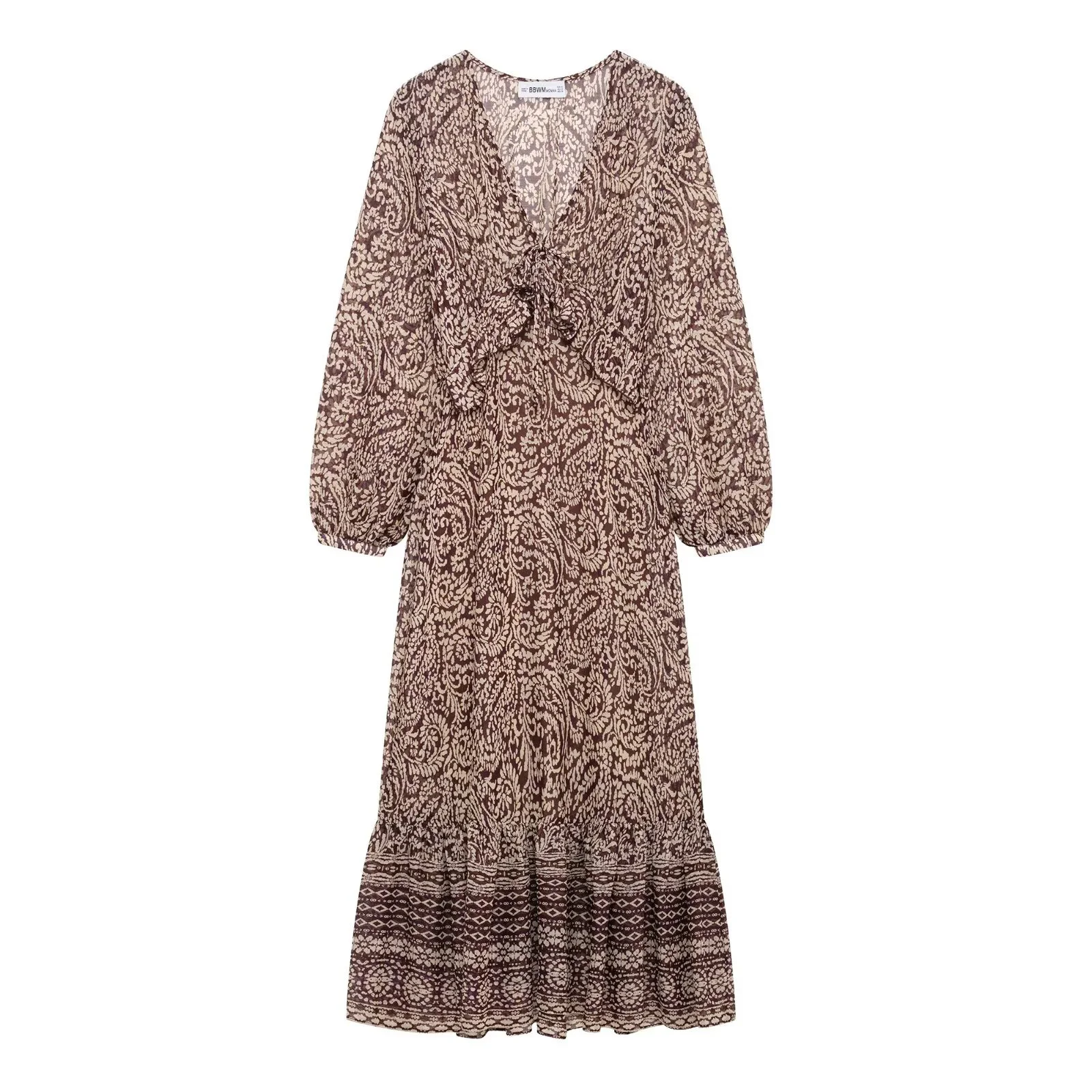 Vestido Midi con cuello en V y estampado decorativo apilado para mujer, falda estampada con patrón Retro a la moda, primavera 2025, nuevo producto