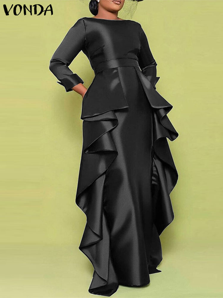 ボンダ-女性のボヘミアンマキシロングドレス,フラウンスサンドレス,エレガントなサテンドレス,カジュアルドレス,単色,ラージサイズ5XL, 2020