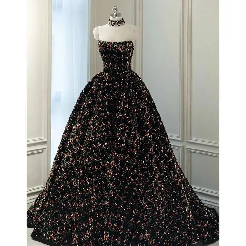 Temperament Schwarz Trägerloses Abendkleid Pailletten Luxus Rückenfrei Glänzende Bonbonfarbe Für Frauen Hochzeit Party Cocktail Abendkleider