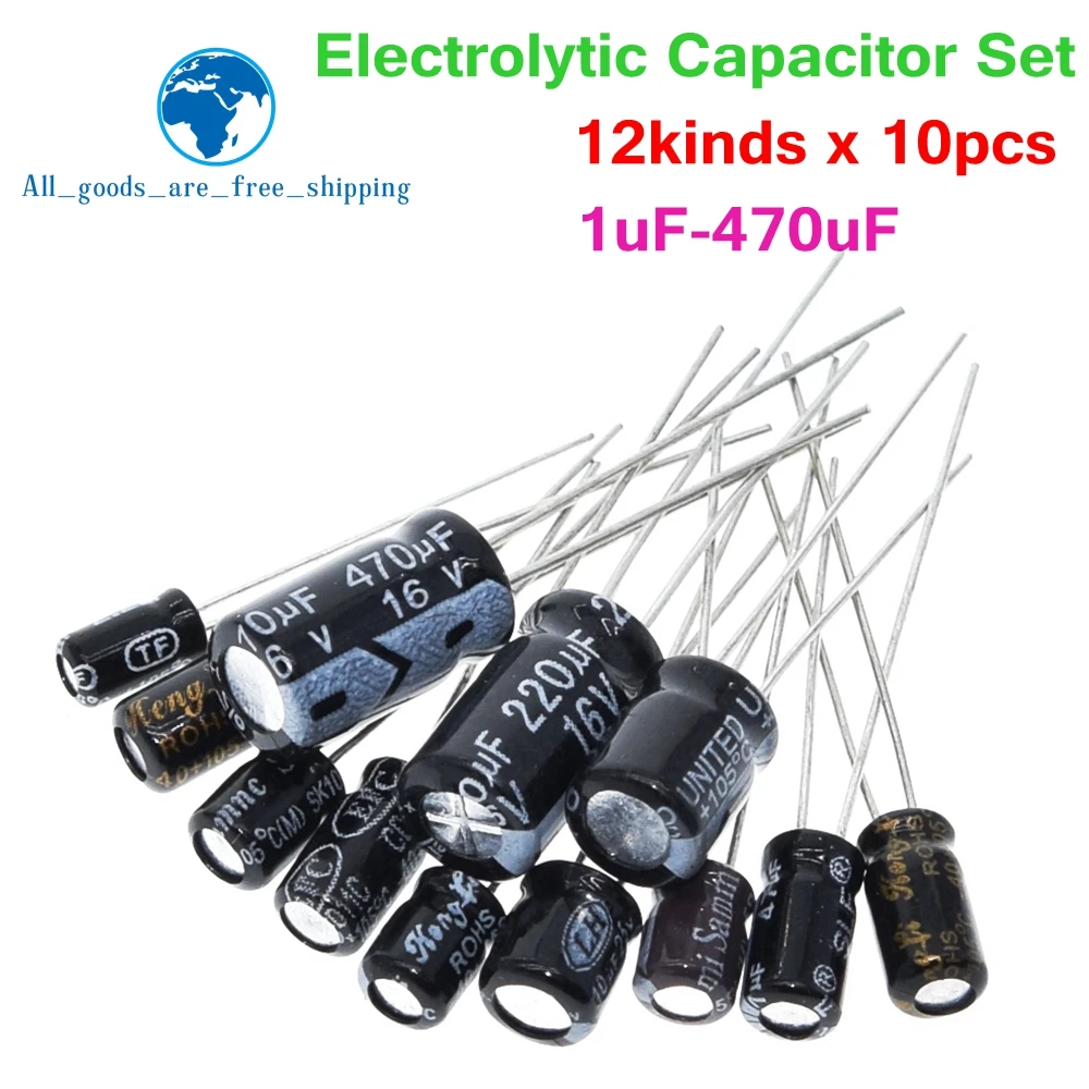 TZT 120pcs 12 value kit 1uF-470uF Electrolytic Capacitor Package 1UF 2.2UF 3.3UF 4.7UF 10UF 22UF 33UF 47UF 100UF 220UF