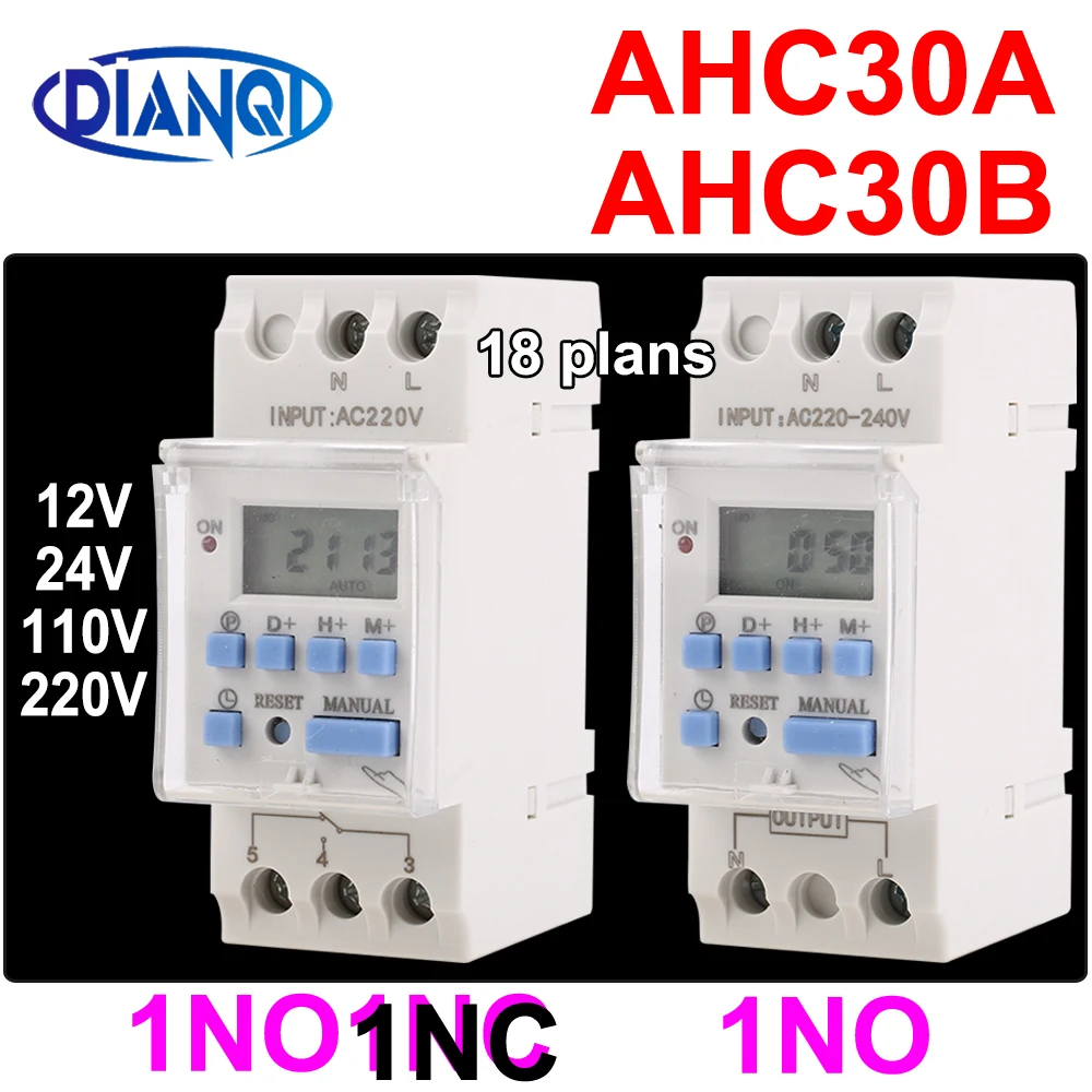 AHC30A New Type 30A Din Rail 2 wire Weekly 7 Days Programmable Digital TIME SWITCH Relay Timer Control AC 12V 24V 110V 220-240V