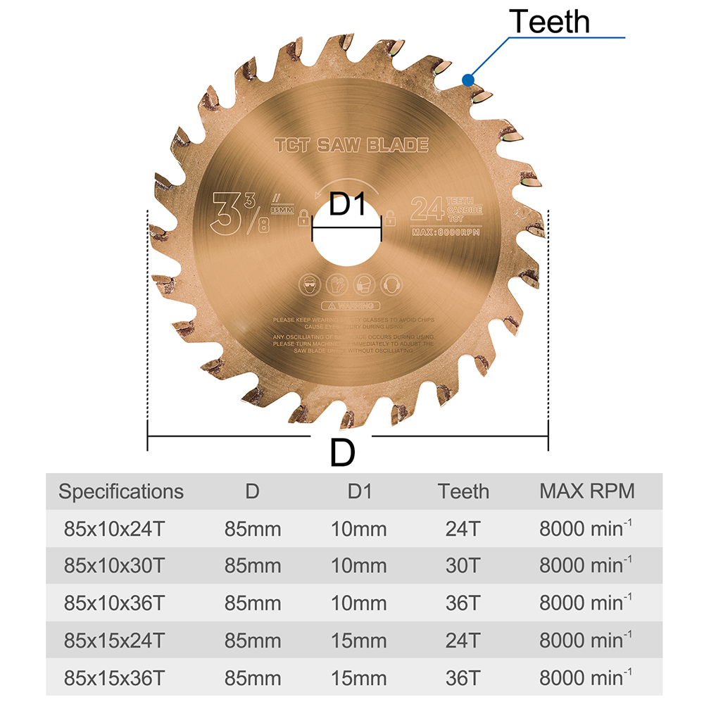 1pc 85x1 0/15mm lâmina de serra circular para madeira ticn revestido tct lâmina de serra 24t/30t/36t disco de corte discos de roda para trabalhar madeira disco de serra