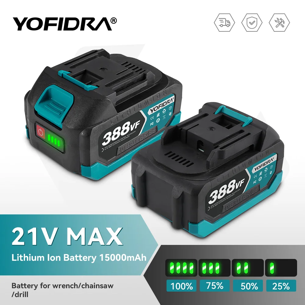 Bateria de lítio recarregável com display digital de 18V 21V 388VF 15000mAh.928VF 22500mAh. Bateria para ferramentas elétricas de chave de motosserra