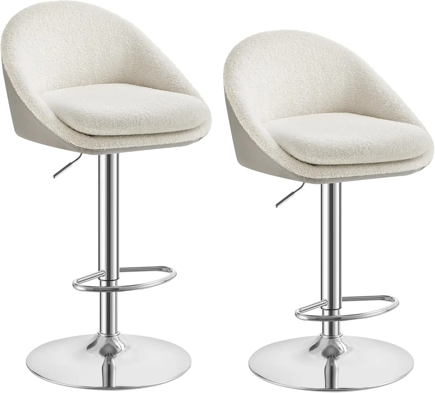 Barhocker, 2er Set, Barstuhl, höhenverstellbar, 360° drehbar, Küchenstuhl, mit Rückenlehne, Sockel, Fußstütze, Stahl, für Theke, Bar, Esszimmer, cremeweiß-Silbergrau LJB110W01