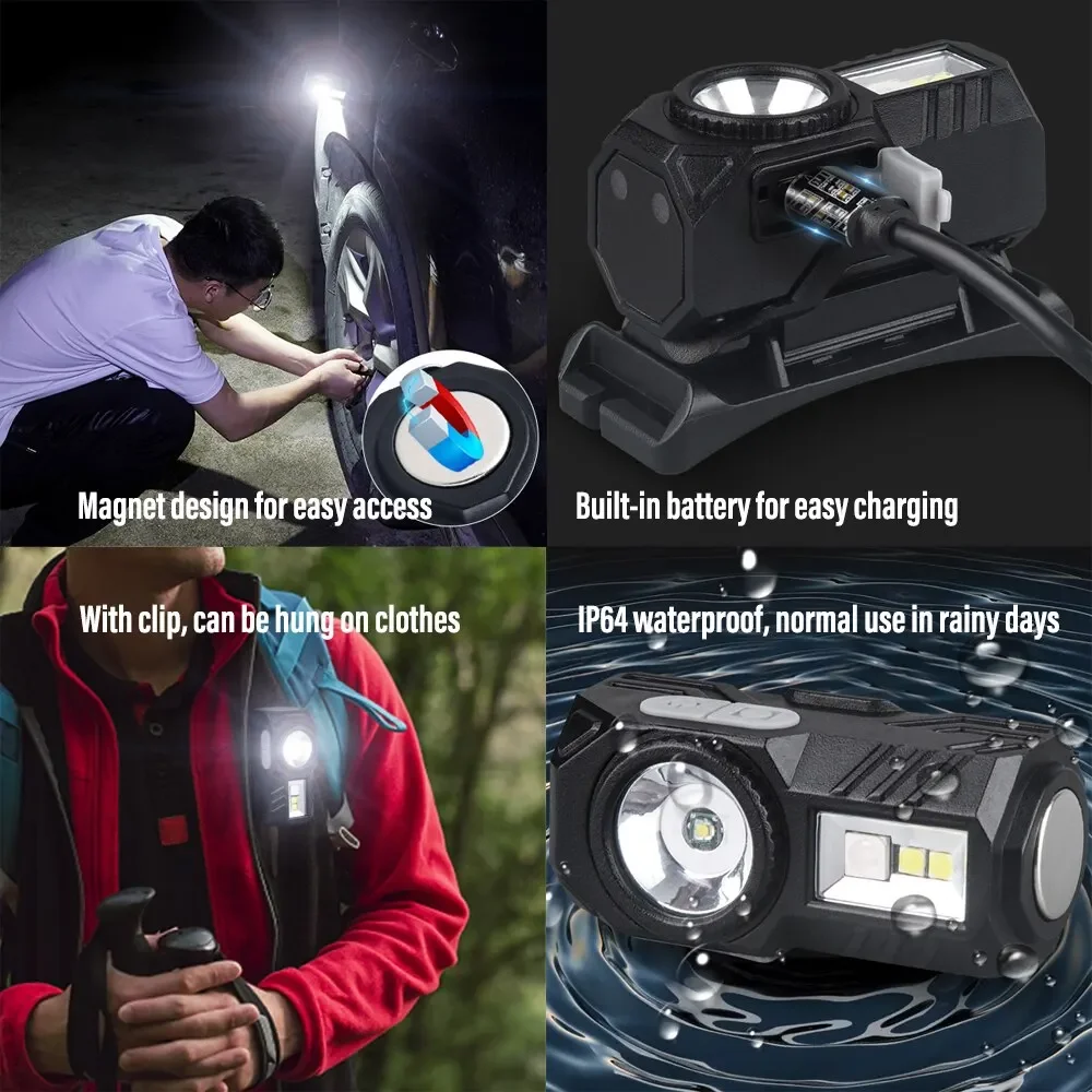 Mini linterna frontal LED con Sensor de movimiento, linterna para acampar y pescar, recargable por USB con imán, lámpara de advertencia, luces con Clip
