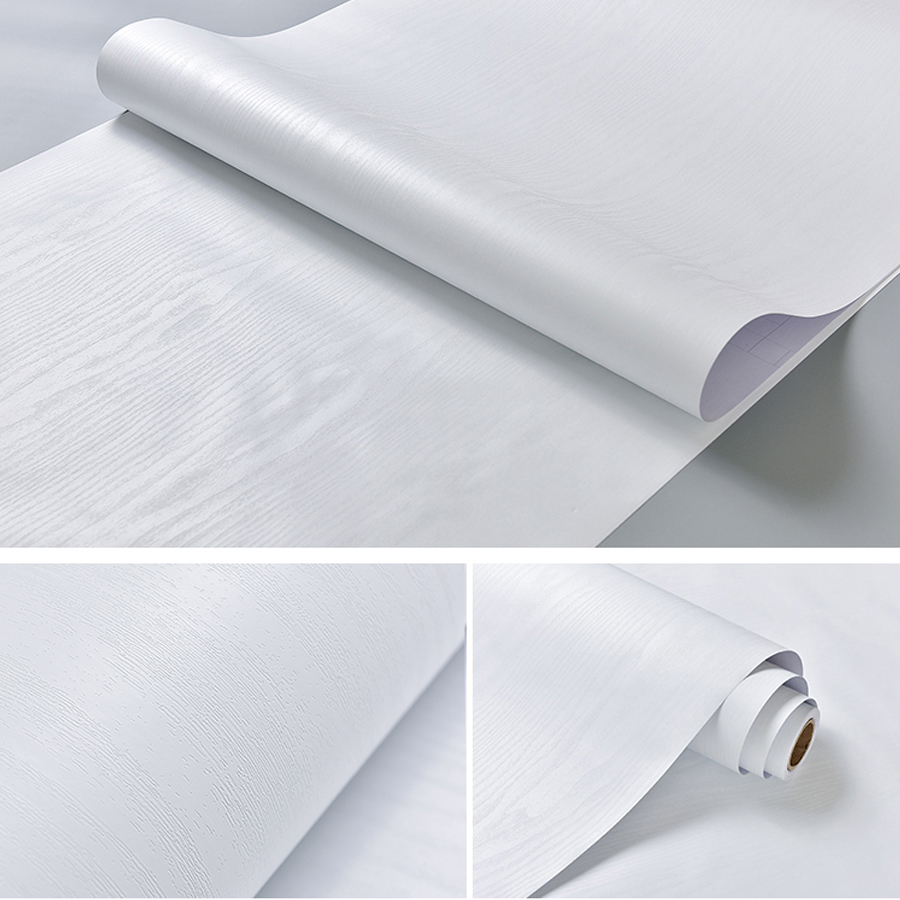 Nguyên Chất Trắng Vân Gỗ Tự Dính Giấy Dán Tường Tủ Quần Áo Nhựa PVC Chống Thấm Nước Vinyl Phòng Ngủ Tủ Đồ Nội Thất Cửa Đổi Mới Decal Dán Tường