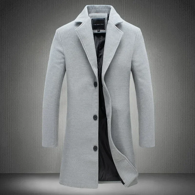 Männer Lange Baumwolle Mantel 2024 Herbst Winter Wolle Mischung Reine Farbe Business Casual Slim Fit Windjacke Mode Männer Kleidung