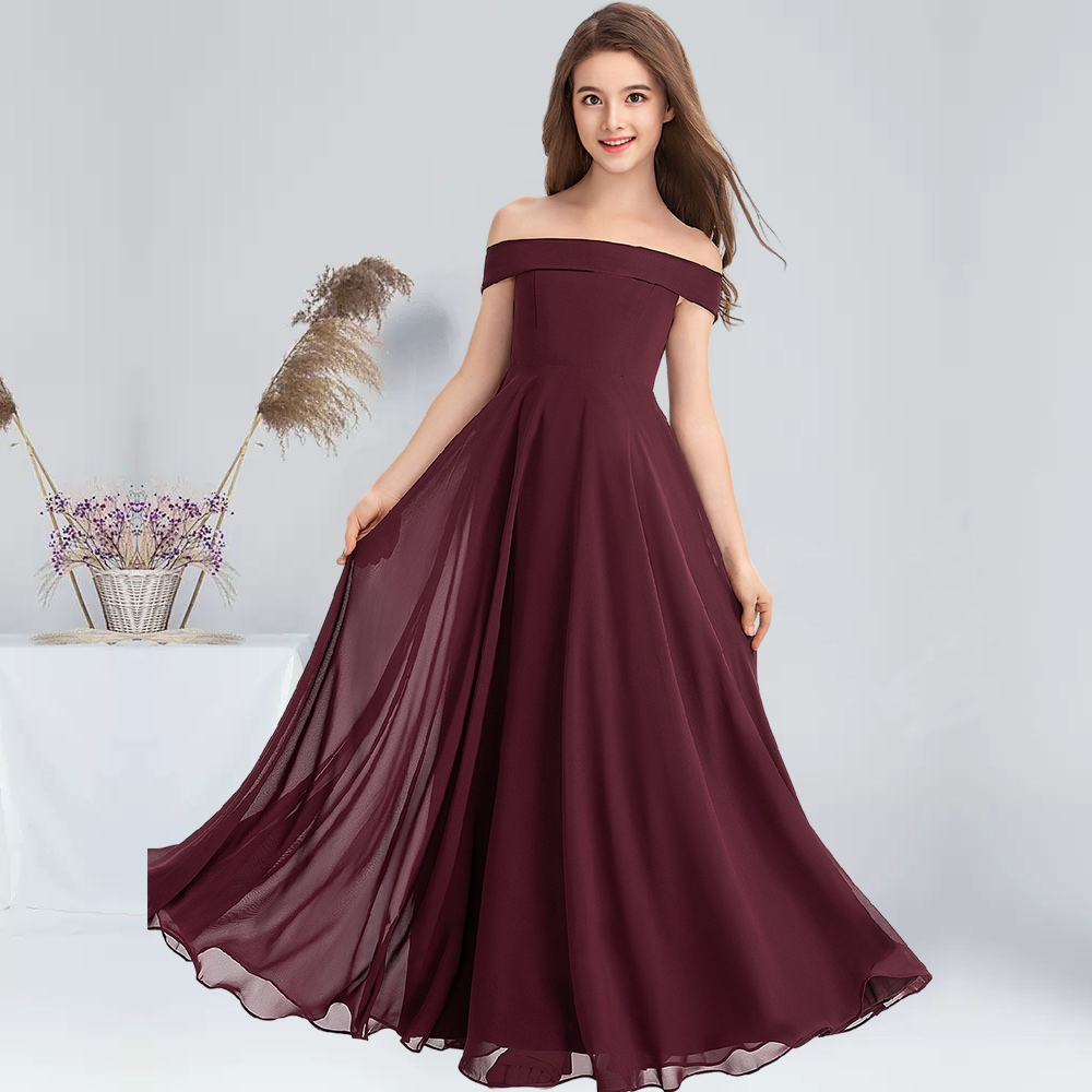A-Linie, schulterfrei, bodenlang, Chiffon, Junior-Brautjungfernkleider, Cabernet, Blumenmädchenkleid, Hochzeit, Junior-Partykleid