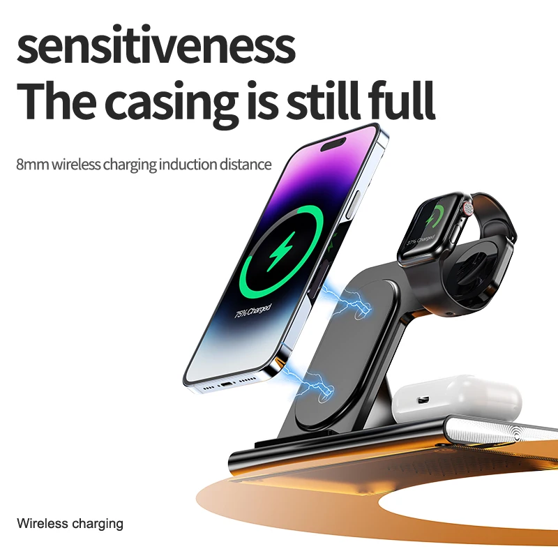 Supporto per caricabatterie wireless da 15 W 3 in 1 per iPhone 14 13 12 Pro Max Apple Watch 8 7 Samsung Watch 5 Airpods Dock station di ricarica rapida