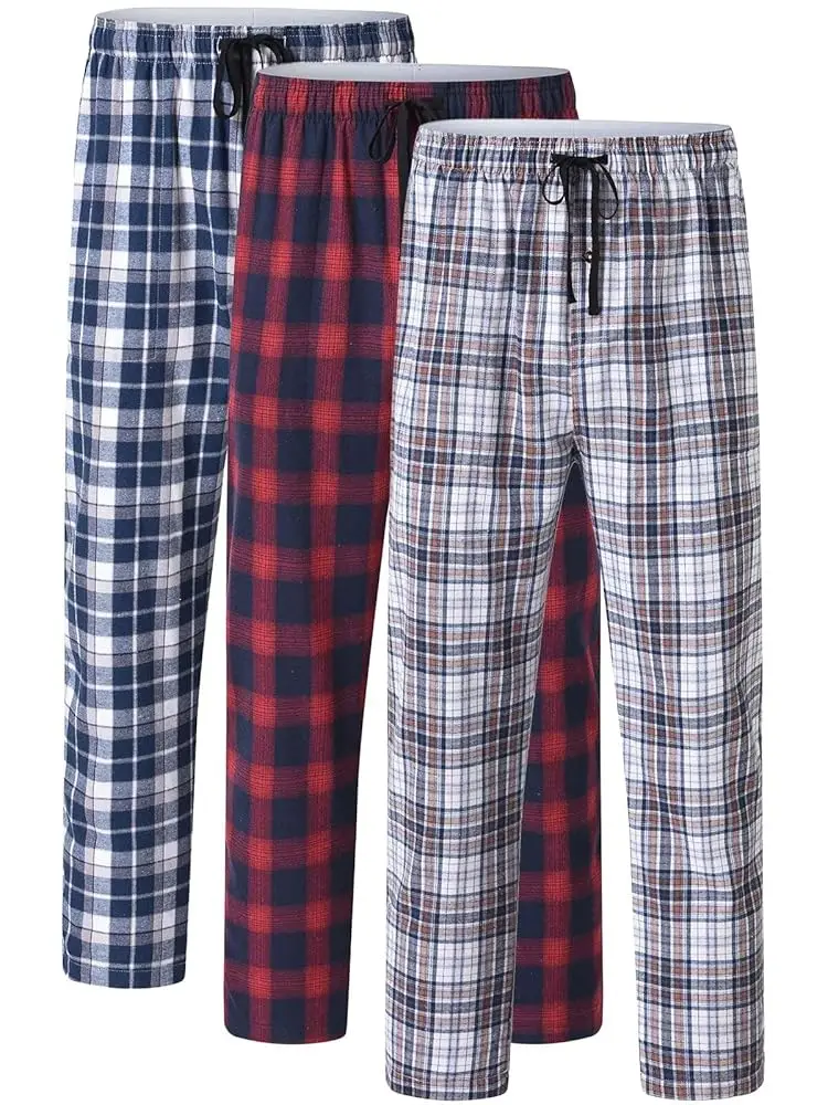 3 pçs masculino 100% algodão xadrez pijama calças de dormir, longo xadrez impressão pijamas calças com cintura elástica homewear