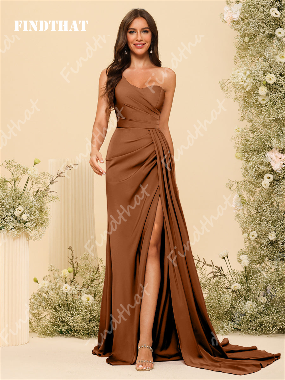 Findthat One Shoulder Bridesmaid Dresses for Women 2024 with Slit Elegant Silk Satin Side Train Zipper Back Evening Prom Gowns