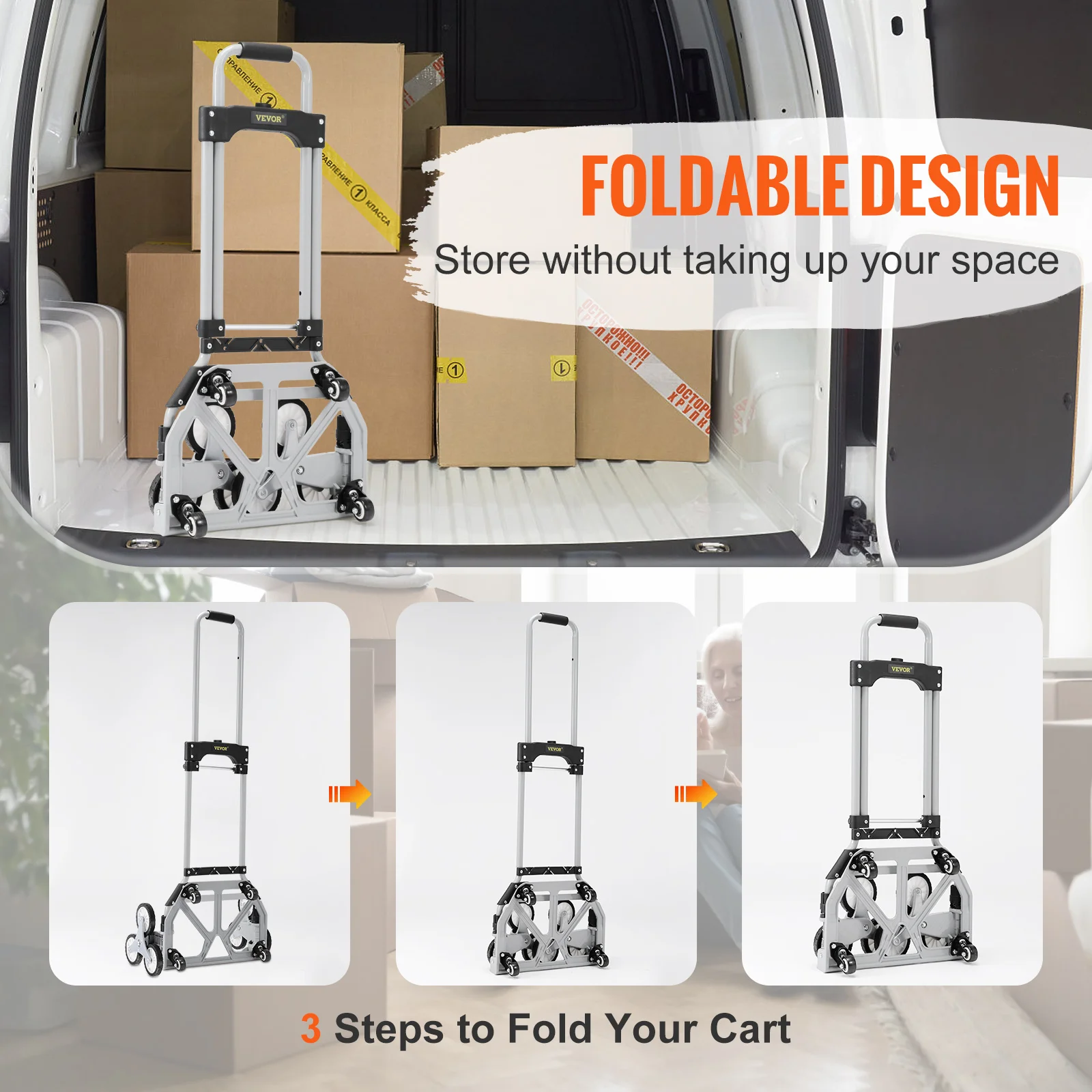 VEVOR Carrello Portaspesa in Acciaio Alluminio Capacità Carico Max. 100kg Manico Regolabile, Carrello con Ruote per Salire le Scale Dimensioni di Bagaglio 39 x 27 cm, Carrello per Scale Porta Oggetto